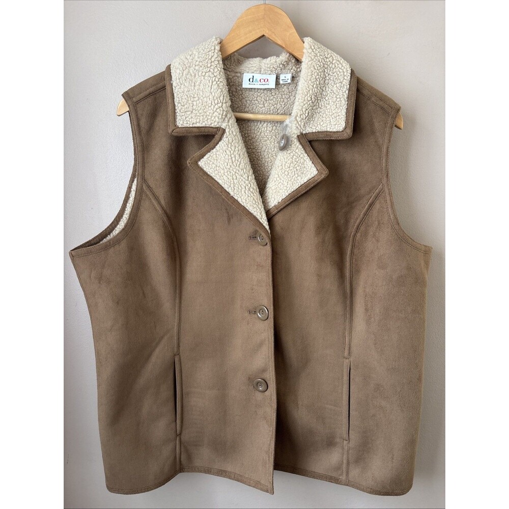 Denim & Co Faux Shearling Vest Womens L Tan Faux Suede Cozy Chic